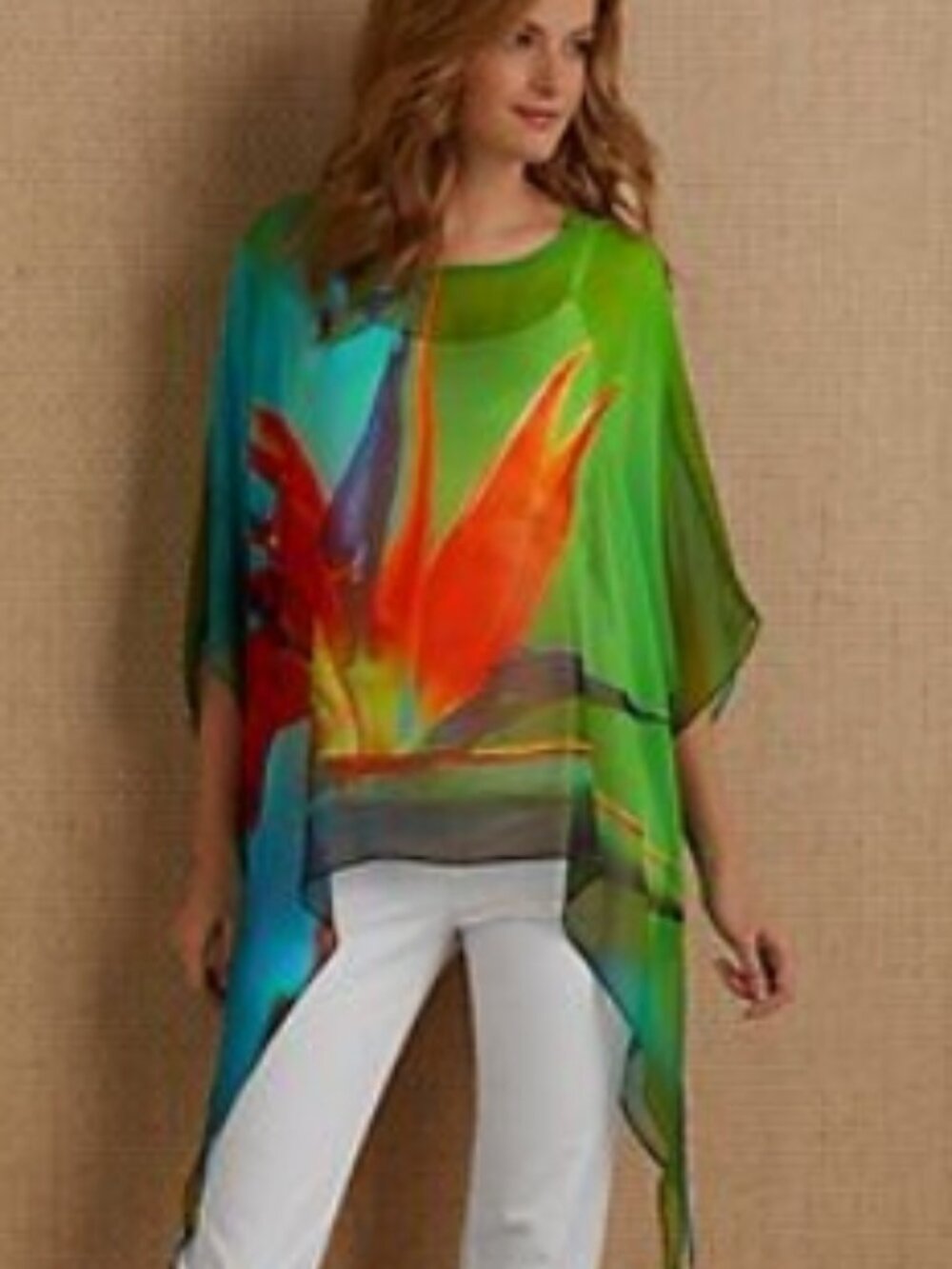 Like New! JADE Tropical Sheer Tunic Top Bird of Paradise Green/Red L/XL
